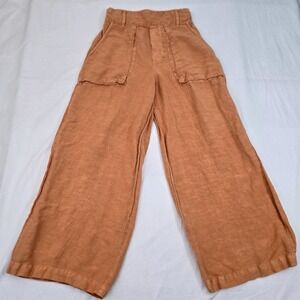 YFB S Wide‎ Leg Pants Linen Rayon Blend Rust Smocked High Rise Boho Flowy Chic